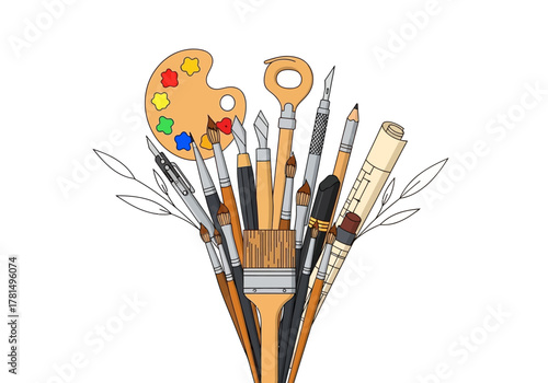 Art supplies brushes palette pens roll of paper and craft tools in a compact arrangement