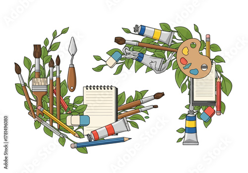 Art supplies brushes palette paints sketchbooks  pencils with greenery