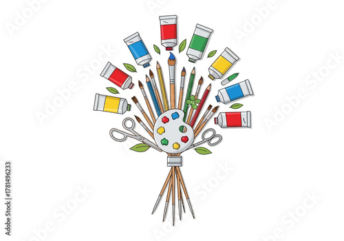 Art supplies paint tubes brushes palette and scissors form a bouquet
