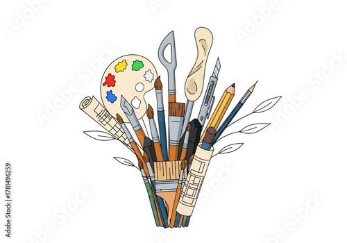 Art supplies palette brushes pencils craft knives and scrolls