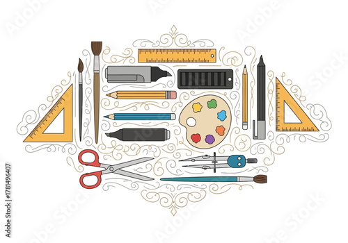 Assorted drawing tools including rulers paintbrushes palette and scissors neatly arranged