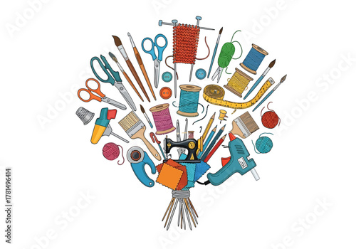 Assorted crafting supplies form a bouquetlike arrangement