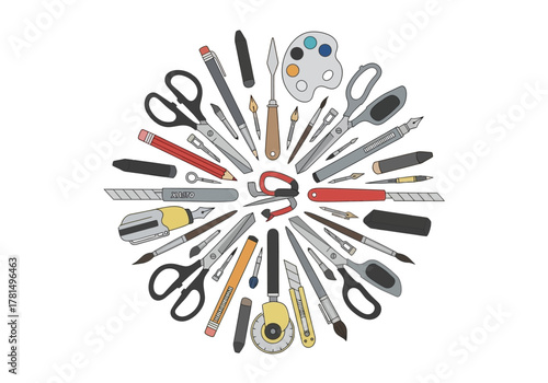 Circular array of art supplies like brushes scissors pencils palette and utility knives on a white background