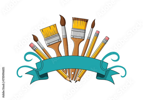 Illustration with pencils  brushes arranged behind a blue ribbon with swirls on its ends