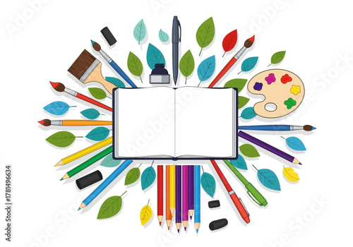 Open book surrounded by art supplies including brushes pencils and palette