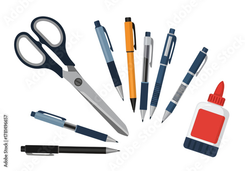 Scissors pens and glue are grouped together on a white background