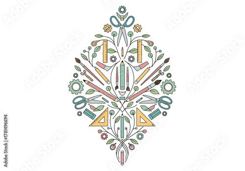 Symmetrical design of art tools scissors pencils paintbrushes rulers triangles and gears in a teardrop shape