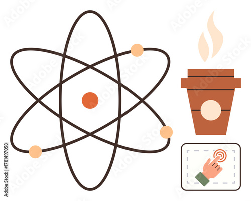 Atomic structure with electrons, steaming coffee cup, and hand interacting with touchscreen. Ideal for science, innovation, technology, research, learning energy creativity. Simple flat metaphor
