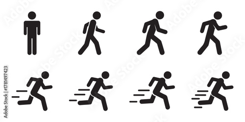 human motion icons — person standing, walking, and running in flat vector style.