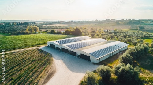 sustainable synergy: an aerial vista of a solar-powered agricultural hub nestled within the verdant landscapes of rural farmland region