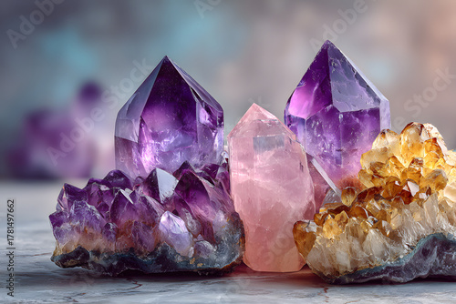Purple and pink amethyst and quartz crystals in sunlight