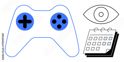 Game controller, eye illustration, and calendar. Ideal for gameplay strategy, scheduling, vision in gaming, design planning, user interface, creative idea simple flat metaphor