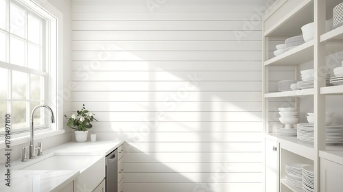 Modern farmhouse kitchen, shiplap wall texture, open pantry shelves, neat stacks of white dishware, bright window light.