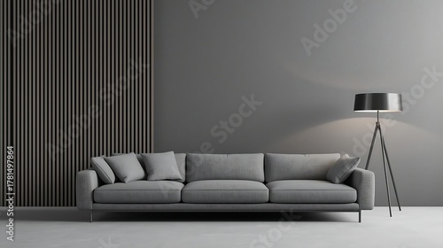 Modern grey accent wall, clean sectional sofa, simple metallic floor lamp, 3D isometric view, corporate interior design.