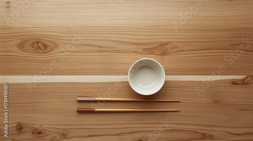Overhead shot of a minimalist wooden dining table, a single empty bowl, a pair of chopsticks, Japandi aesthetic.
