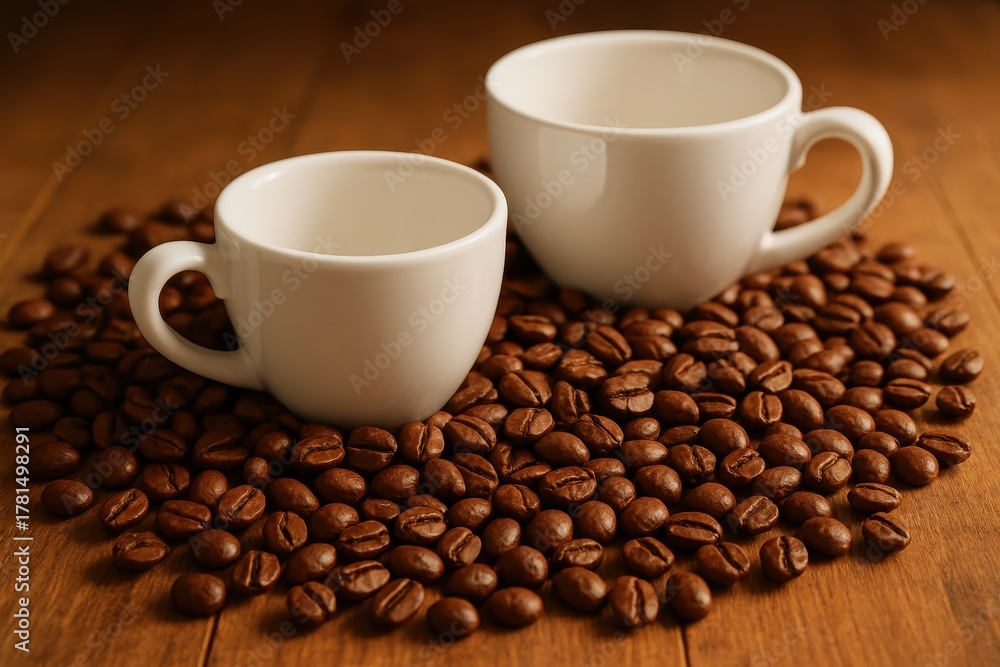 Fototapeta premium Fresh coffee beans scattered around white ceramic cups on wooden surface
