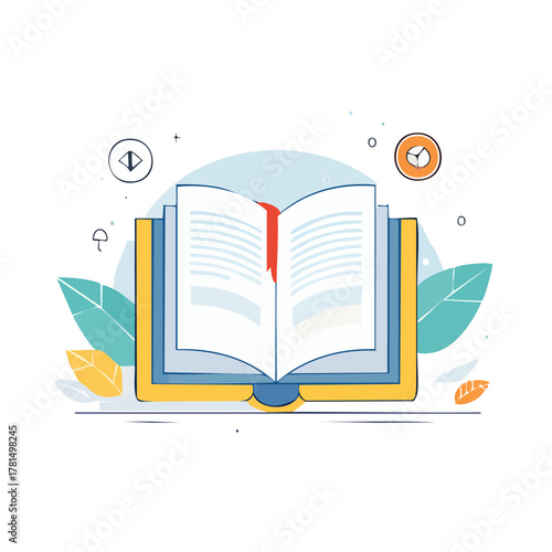 Open book with abstract graphic elements and colorful leaves