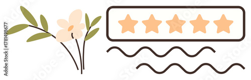 Flower with leaves beside a five-star rating in a rectangular box, accented by wavy lines. Ideal for quality, reviews, excellence, rating system, customer feedback, success, simple flat metaphor