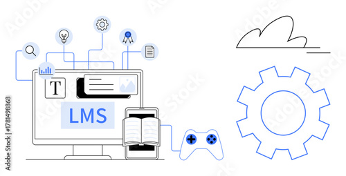 Desktop with LMS interface, book, game controller, and icons linked to ideas, skills, and cloud technology. Ideal for e-learning, gamification, training education technology innovation simple