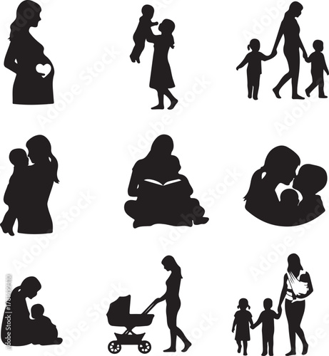 Motherhood Journey and Family Love Silhouettes - Collection of Mother and Child Stages, Pregnancy, Nurturing, and Parental Bonding Icons