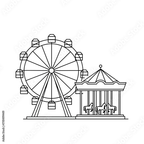 Ferris Wheel and Carousel Outline Icon of Amusement Park Rides
