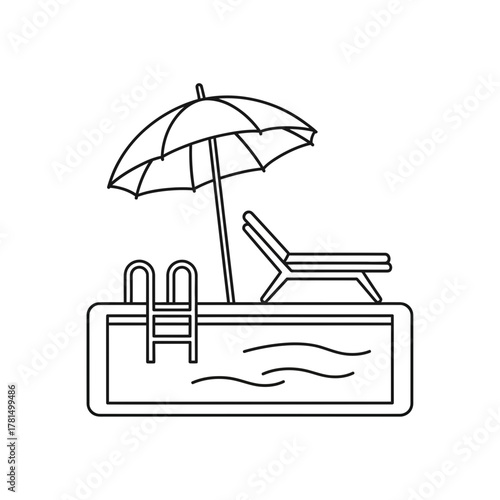 Swimming Pool with Sun Lounger and Umbrella Outline Icon for Summer Relaxation