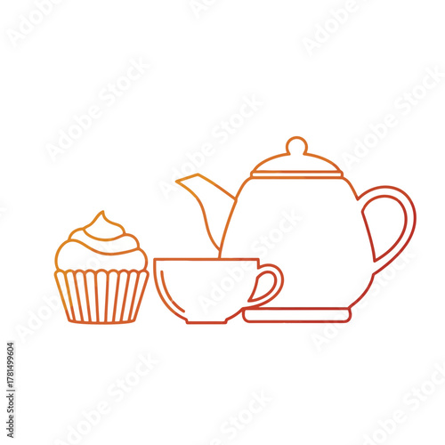 Tea Set with Cupcake Icon – Cozy Tea Time and Bakery Snack Vector Illustration