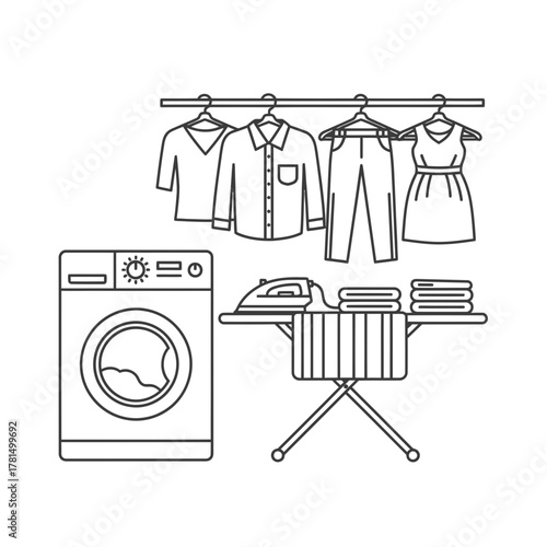 Laundry Room Outline Icon with Washing Machine Ironing Board and Hanging Clothes