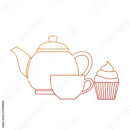 Tea Set with Cupcake Icon – Cozy Tea Time and Bakery Snack Vector Illustration
