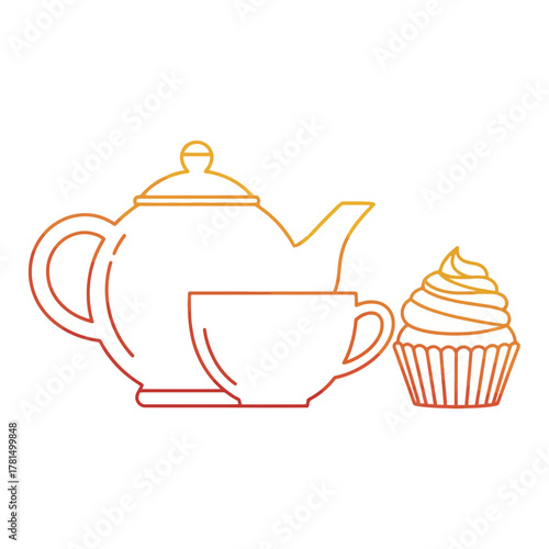 Tea Set with Cupcake Icon – Cozy Tea Time and Bakery Snack Vector Illustration