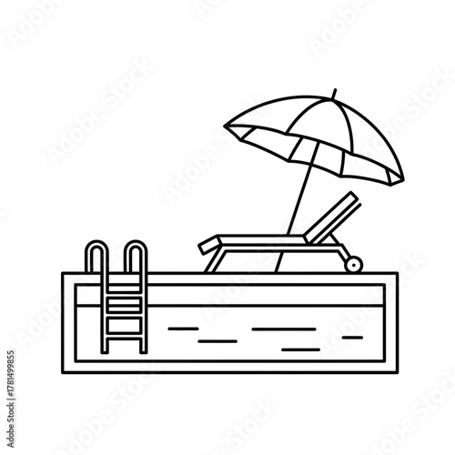 Swimming Pool with Sun Lounger and Umbrella Outline Icon for Summer Relaxation
