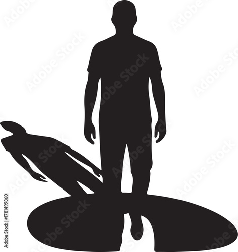 Black Silhouette of a Man with His Shadow Separating and Falling into a Hole, Symbolizing Internal Struggle, Alter Ego, or a Personal Void