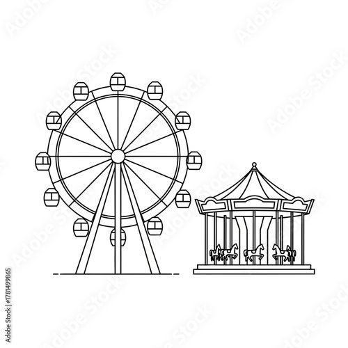 Ferris Wheel and Carousel Outline Icon of Amusement Park Rides