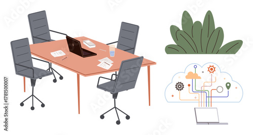 Conference table with chairs, laptop, papers, plants, and illustrated cloud structure connecting gears, documents, and map marker. Ideal for teamwork, technology strategy planning productivity