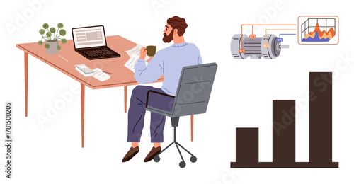 Man seated at desk reviewing reports with laptop. Visuals include a motor diagram, data graph, and bar chart. Ideal for data analysis, engineering, business growth, strategy, productivity