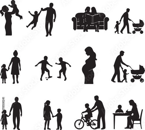  Family Silhouettes Diverse Parenting Moments, Childhood Activities & Life Stages