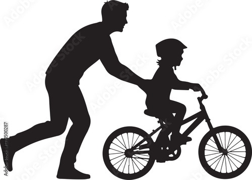 Father and child learning to ride a bicycle silhouette, parent teaching kid to bike, symbol of support, growth, and family bonding