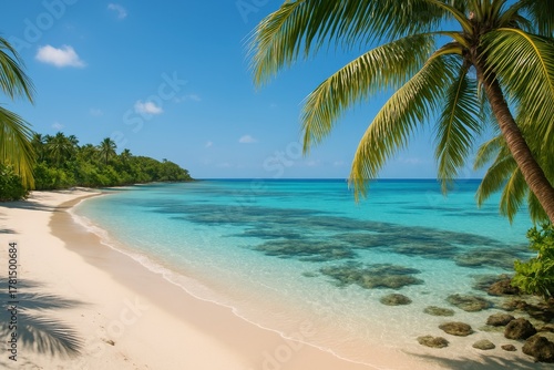 Wallpaper Mural Idyllic island lagoon with gentle surf and swaying palms under crystal blue sky Torontodigital.ca