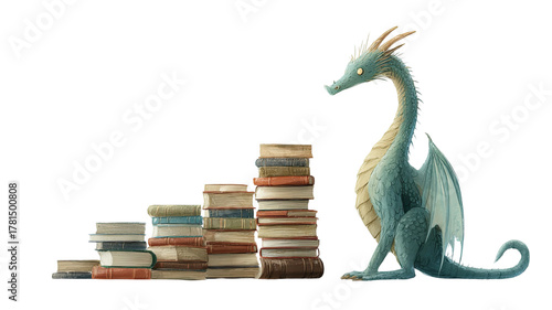 Majestic dragon perched on a towering stack of books surrounded by magic and knowledge isolated on white background