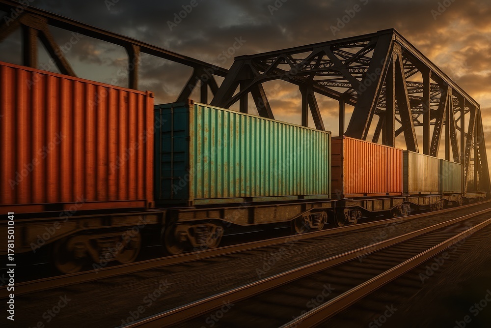 Fototapeta premium Long freight train of colorful cargo containers crossing a steel bridge at dusk
