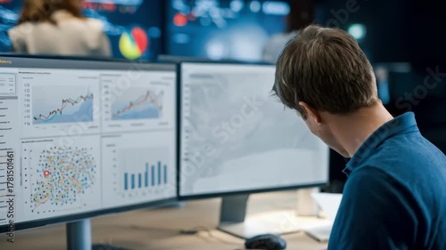 Call center supervisor reviewing AIdriven realtime call routing analytics on a digital dashboard optimizing response times and workload balance.