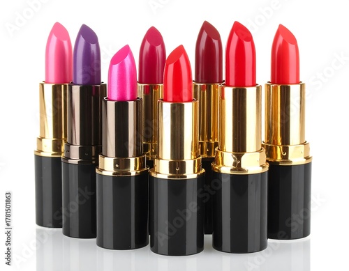 A vibrant array of lipstick tubes in various hues, from pinks and purples to reds, against a clean white backdrop