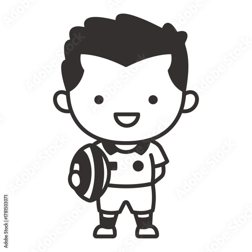 Cartoon line art of a smiling child holding a football in sports uniform, playful black and white illustration for kids’ coloring activity