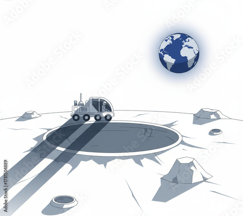 Lunar rover explores cratered surface of the Moon with Earth shining brightly in the background