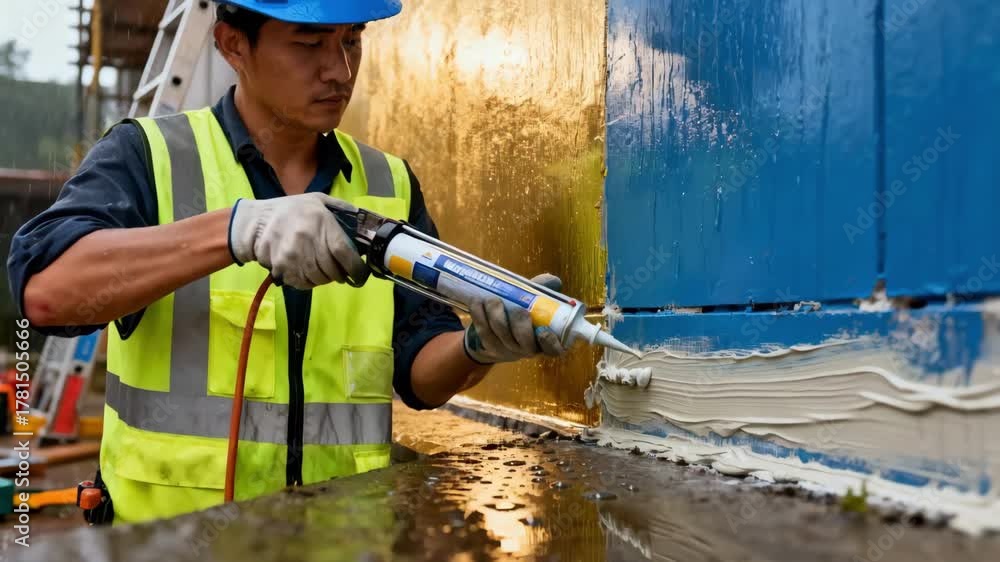 Construction worker applying waterproof sealant on exterior walls to ...