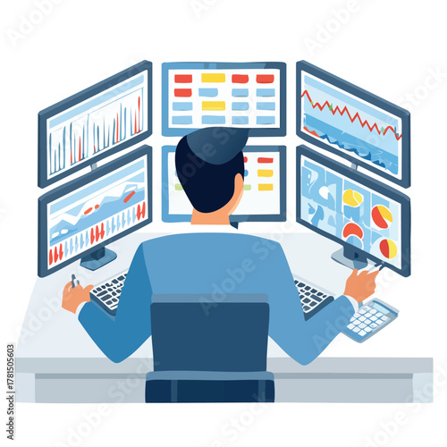 Business analyst monitoring financial data on multiple computer screens