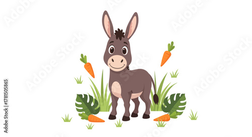 A cute cartoon donkey illustration standing among grass and carrots design
