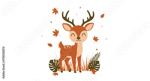 Charming woodland deer illustration amidst falling autumn leaves and flora