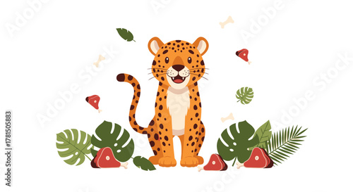 Friendly spotted jungle cat with tropical leaves and meat bones flat
