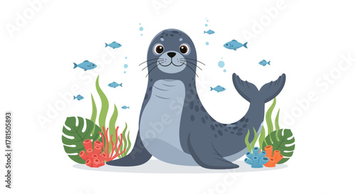 Charming illustration of a cheerful marine mammal amidst vibrant underwater